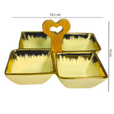 Cream Ceramic Quad-Part Serving Platter with Bamboo Handle & Gold Rim – Stylish Divided Snack Tray